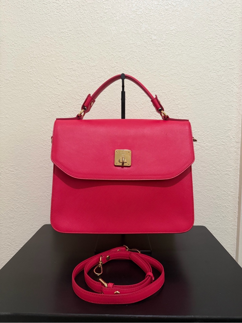 MCM Hot Pink Top-Handle Satchel with Gold Hardware